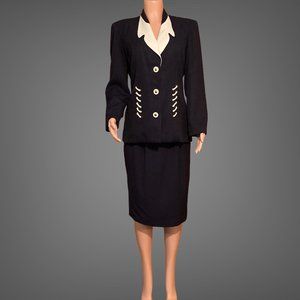 NWOT JR II Ltd. Vintage 80s Skirt Suit Set Navy Blue White Size 12